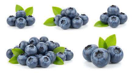 Fresh Blueberry Clusters and Piles with Leaves on White Background