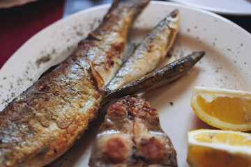 Montenegrin cuisine, fish assortment platter, fried grilled crucian carp steak, roasted pastrmka and bleak on plate with lemon and salad served in a restaurant in Montenegro, Skadar lake, Virpazar