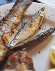 Montenegrin cuisine, fish assortment platter, fried grilled crucian carp steak, roasted pastrmka and bleak on plate with lemon and salad served in a restaurant in Montenegro, Skadar lake, Virpazar