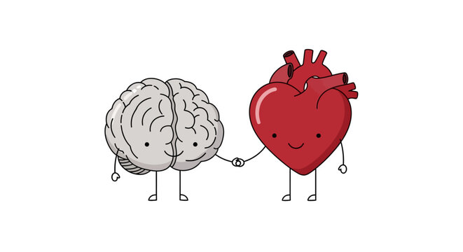 Cartoon Brain and Heart Holding Hands Illustration