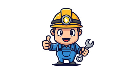 Fototapeta premium Cartoon Mechanic with Wrench and Hard Hat Giving Thumbs Up