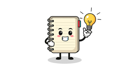 Cartoon Notebook Character Holding a Bright Idea Lightbulb