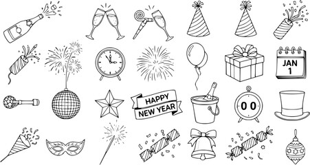 New Year's Eve Celebration Doodle Icons: Party, Fireworks, and Festivities