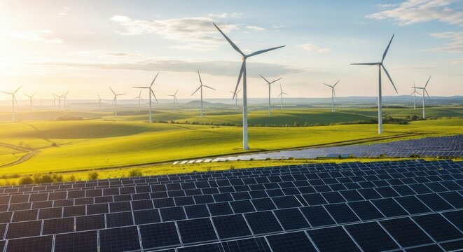 Renewable energy landscape with solar panels and wind turbines in green fields under blue sky