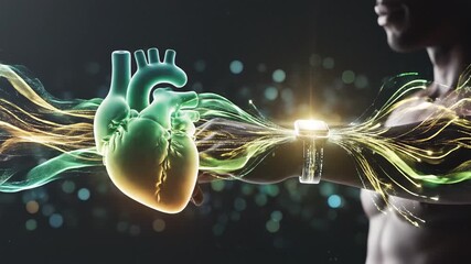 Glowing heart sending energy stream to a man via smartwatch, a concept of health technology - Powered by Adobe