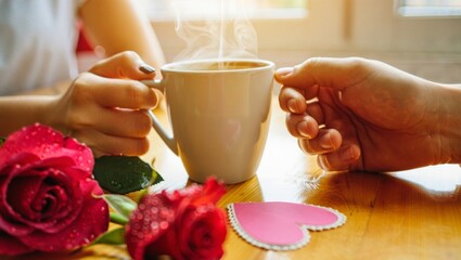 Couple hands holding a steaming coffee mug on a wooden table, celebrating love and romance with red roses and a heart decoration during a warm date or valentine's day