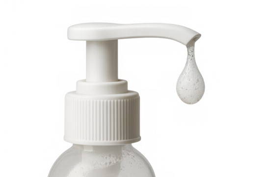 Foam soap drop hanging from white pump dispenser, promoting hand washing, hygiene, and cleanliness on transparent background - Powered by Adobe