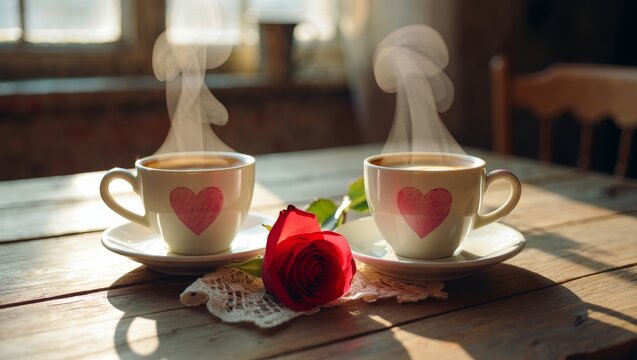 Two steaming coffee cups with pink hearts and a red rose flower arranging on a rustic wooden table, symbolizing love, romance, and a warm morning date experience