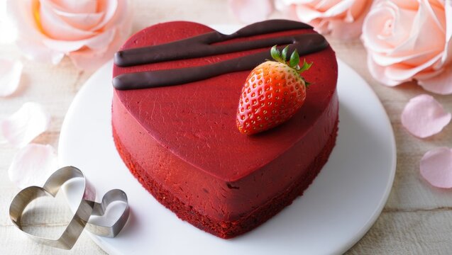 Heart shaped red velvet cake creating a romantic atmosphere for valentine's day celebrations, topped with fresh strawberry and chocolate drizzle on a white plate