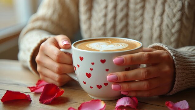 Woman's hands holding a love heart latte art coffee cup, celebrating valentine's day romance and affection with a warm drink and rose petals