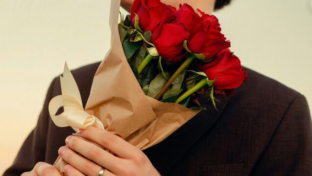 Romantic gesture with man holding bouquet of red roses wrapped in brown paper, symbolizing love, affection, and surprise gift for special occasion or date - Powered by Adobe