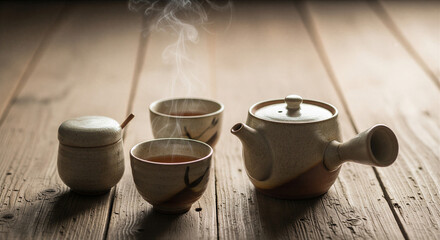 Traditional Japanese tea set with hot steam for tea ceremony representation or beverage branding
