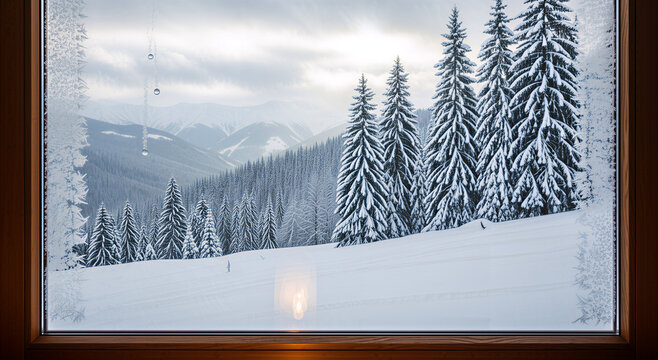 Snowy winter landscape seen through a window with mountain view - Powered by Adobe