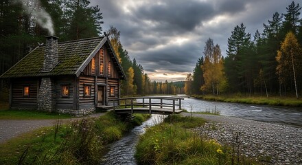 Obraz premium Rustic Cabin by the River - Serene Forest Landscape.