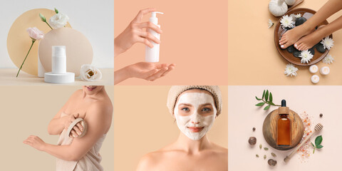 Collage of young women with cosmetic products on beige background
