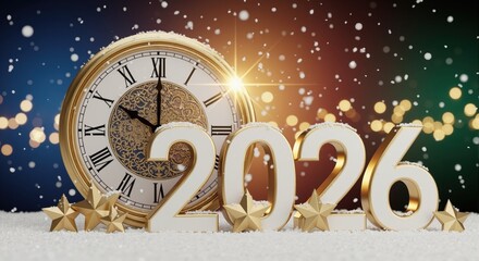 New Year 2026 countdown with a gold clock at midnight. Festive holiday celebration with 3D numbers and stars in the snow. Winter background with bokeh lights