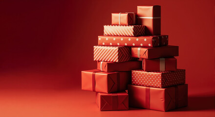 A stack of red gift boxes on a monochromatic background. Holiday presents for Christmas or a birthday celebration with copy space for text