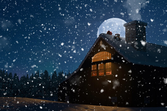 Cozy cabin glows warmly on a snowy Christmas night. Presents rest near the chimney under a bright full moon. Winter wonderland night with a snow-covered cabin, glowing windows, and a chimney smoke