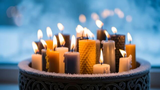 Beautiful flickering candle flames on window with cold winter background for pagan holiday or Yule celebration