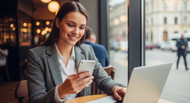 Woman using phone and laptop in cafe smiling