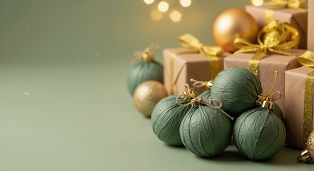 Green and gold Christmas decorations with gift boxes on a festive background. Holiday ornaments and presents with copy space for text