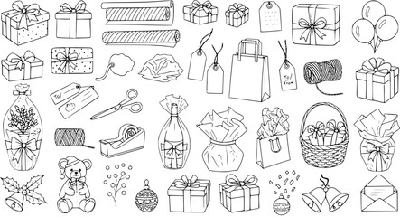 Hand-Drawn Gift Wrapping and Holiday Celebration Doodle Set. Sketch Collection of Presents, Ribbons, Tags, Decorations, and Seasonal Items for Christmas and Special Occasions.