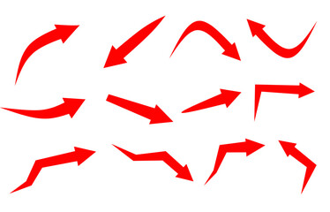 Collection of bold red arrows with different shapes, curves, and directions, perfect for navigation, infographic design, guidance symbols, and graphic elements in presentations or layouts