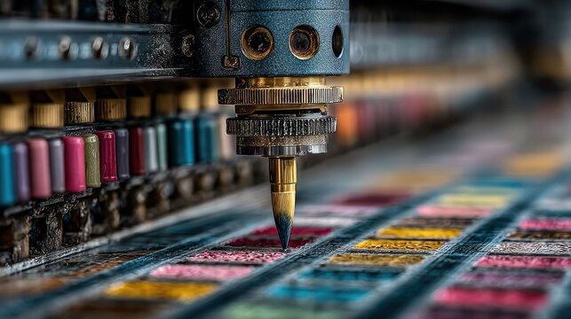 Printing machine with colorful ink and a detailed close-up of the printhead in action