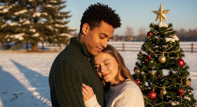 Happy young interracial couple hugging in a snowy winter landscape. Man and woman in love next to a decorated Christmas tree during golden hour