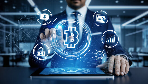 Businessman Using Digital Bitcoin Interface - Powered by Adobe