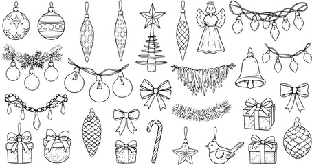 Hand-drawn black and white Christmas decorations and ornaments, holiday season doodle sketch collection including gifts, garlands, bells, and bows.