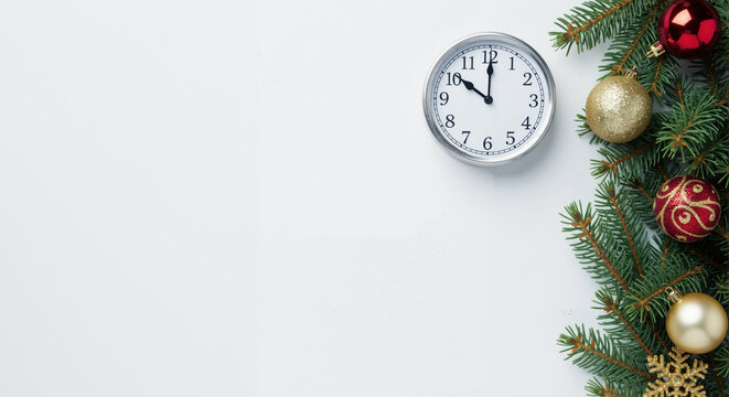 Christmas holiday background with a clock showing ten o'clock. New Year's Eve countdown concept with fir branches and festive ornaments. Flat lay with copy space