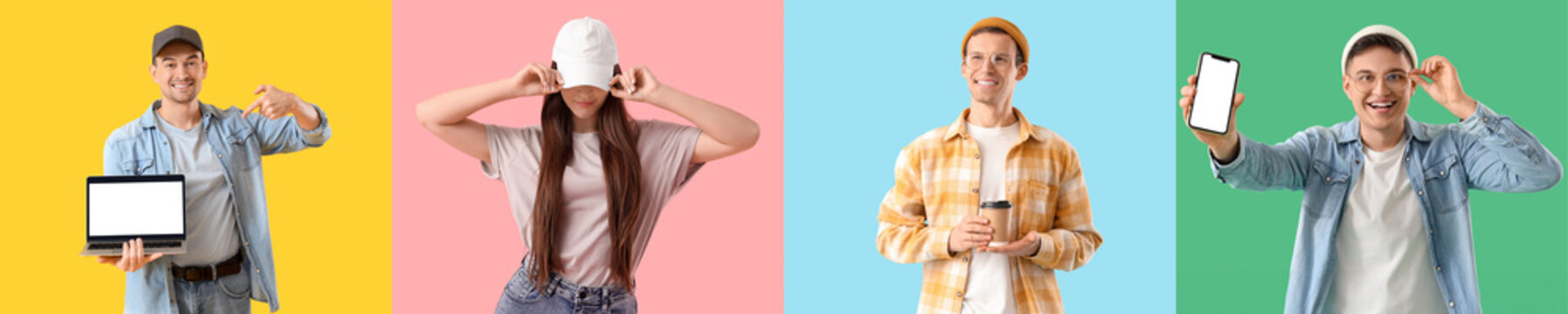 Collage of happy young people in stylish hats on color background