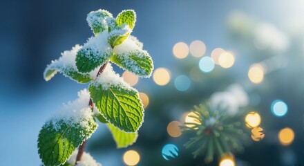 Fresh mint leaves covered in snow and frost on a cold winter day. Christmas holiday background with festive bokeh lights and copy space.