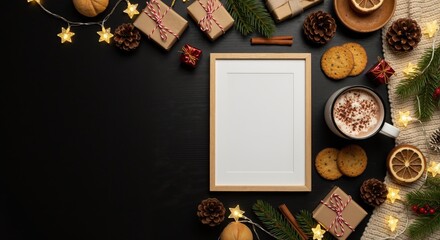 Christmas holiday flat lay with a blank frame mockup and festive decorations. Cozy winter scene with hot chocolate, cookies, and gifts on a black background with copy space.