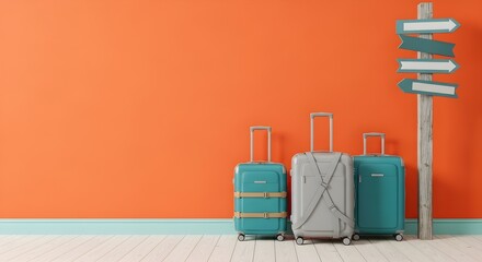 Suitcases Stacked Up Against Orange Wall with Wooden Signpost For Vacation and Travel