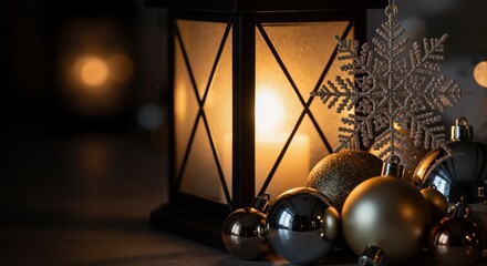 A festive Christmas still life with a glowing lantern and holiday ornaments. A cozy winter scene with a candle, gold and silver baubles, and a glitter snowflake. Copy space for text
