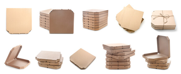 Set of many cardboard pizza boxes on white background