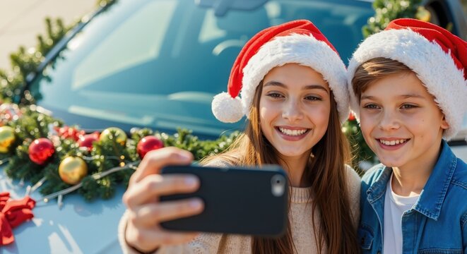 Cheerful siblings in Santa hats taking a selfie with a smartphone. Boy and girl celebrating Christmas outdoors with a decorated car