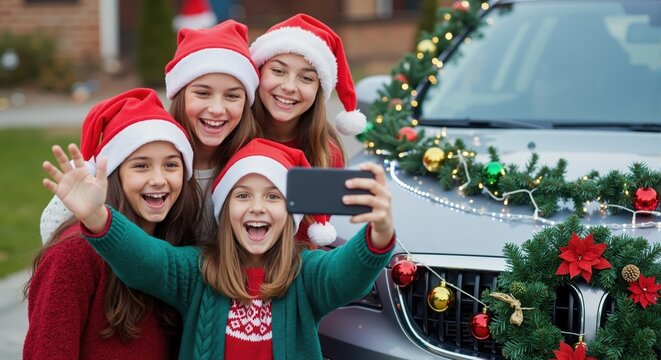 Happy friends in Santa hats taking a Christmas selfie with a smartphone. Four young girls celebrating the holidays together in front of a decorated car