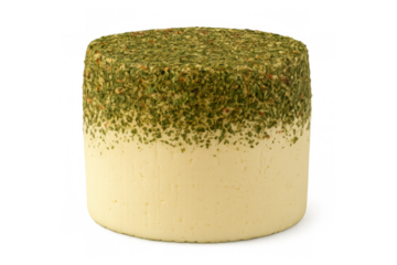 Goat cheese wheel coated with green herbs, offering a gourmet dairy product on transparent background