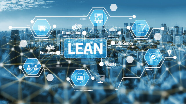 A modern representation of lean management principles showcasing various elements like efficiency and productivity intertwined with a vibrant cityscape background. Tessel