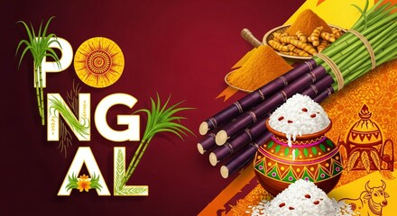 Obraz premium Pongal Festival Celebration Indian Harvest Sweet Rice Sugarcane Traditional Food Culture Design