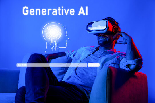A man is joyfully engaging with virtual reality technology, with a focus on generative AI concepts and a brain graphic, symbolizing innovation and creativity. XDMCP