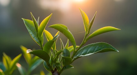  fresh tea leaves growing on a branch, soft sunrise backlight, nature close-up