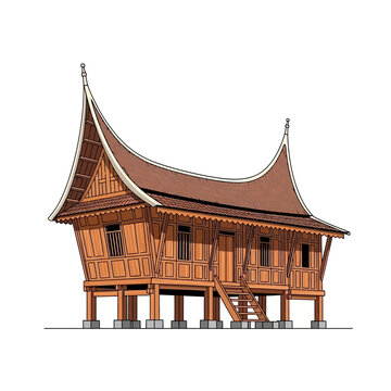 Minangkabau house drawing, traditional architecture of West Sumatra, Indonesia