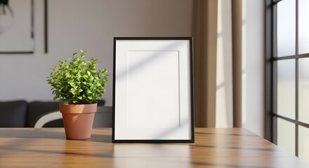 mockup of a picture frame on a wooden desk, next to a small potted green plant