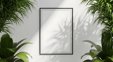  mockup of a vertical poster frame on a white wall, surrounded by tropical green leaves