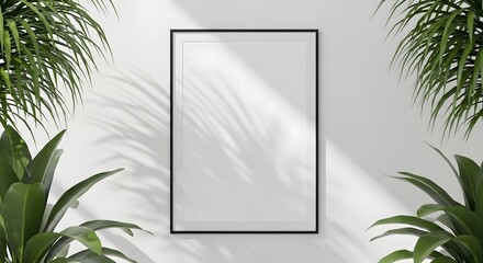  mockup of a vertical poster frame on a white wall, surrounded by tropical green leaves