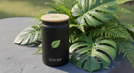 mockup of an insulated tumbler on a stone surface, green leaves arranged aesthetically